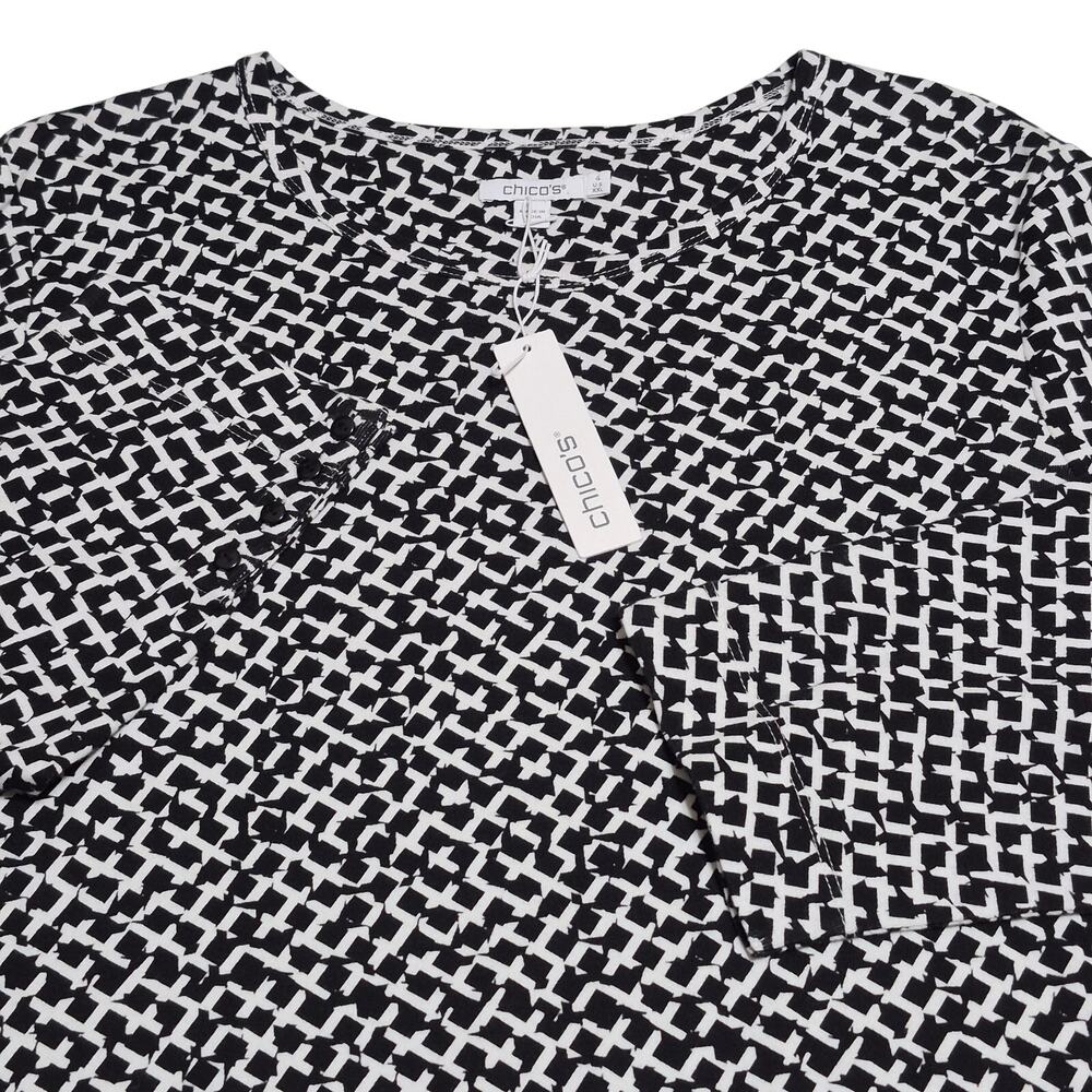 Chico's Pima Cotton Top Womens 4 XL Geo Confetti Black 3/4 Sleeve Basic Knit